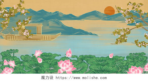 国潮中式手绘荷画荷叶湖畔风景原创插画素材